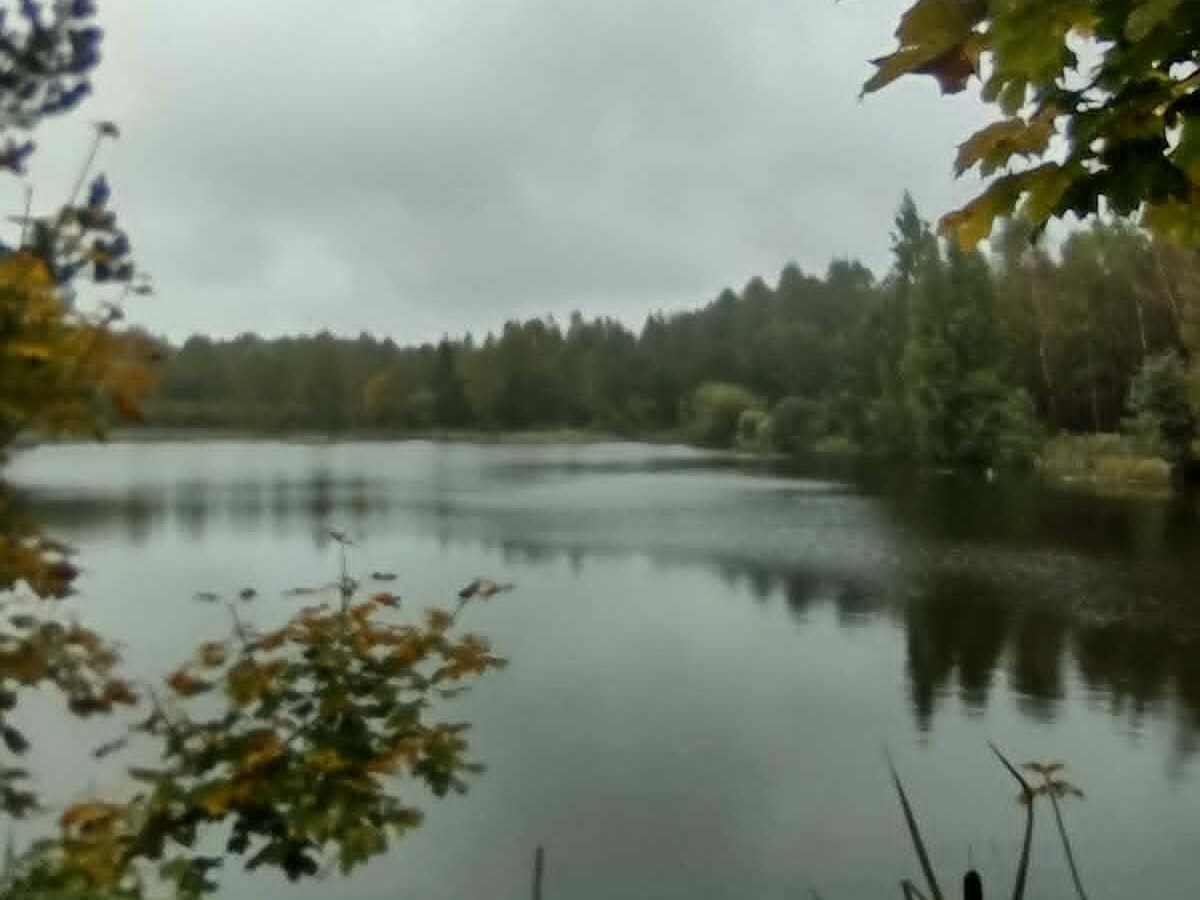 Jezioro w deszczowy, pochmurny dzień, ciemna tafla wody i niskie chmury