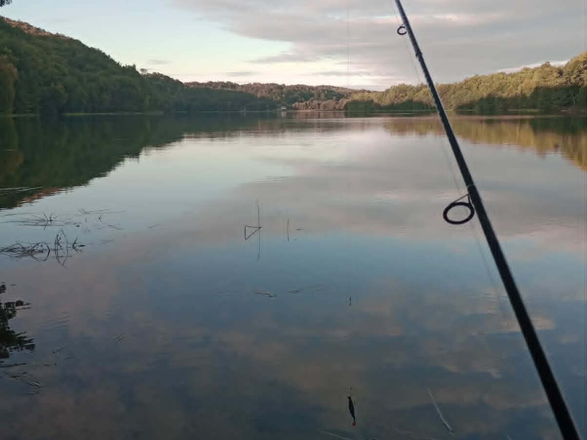 Wędka oparta o brzeg jeziora o świcie, gładka tafla wody i zalesione zbocze